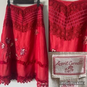 Vintage April Cornell Red Lace trim floralEmbroidered A-Line Skirt Medium Flaw